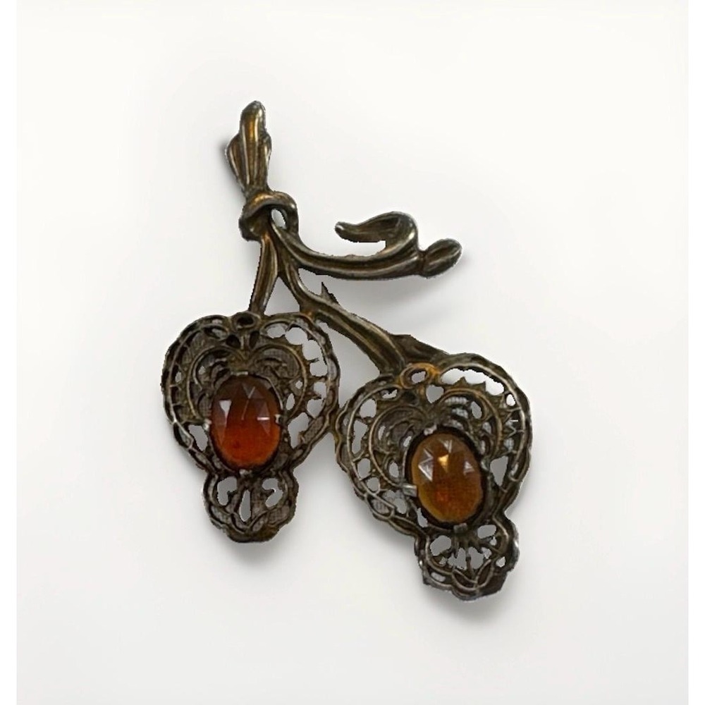 Vintage Art Nouveau Brooch Amber Glass Filigree Pin